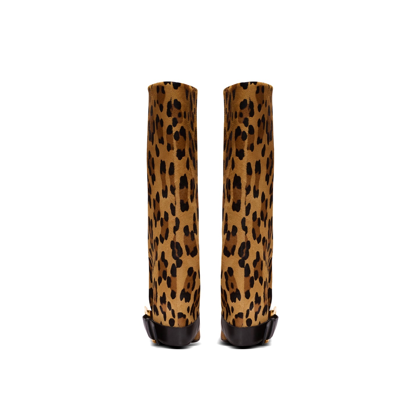 Leopard Pointed-Toe Bottom Buckle Fold-Over Wide Calf Knee High Stiletto Boots
