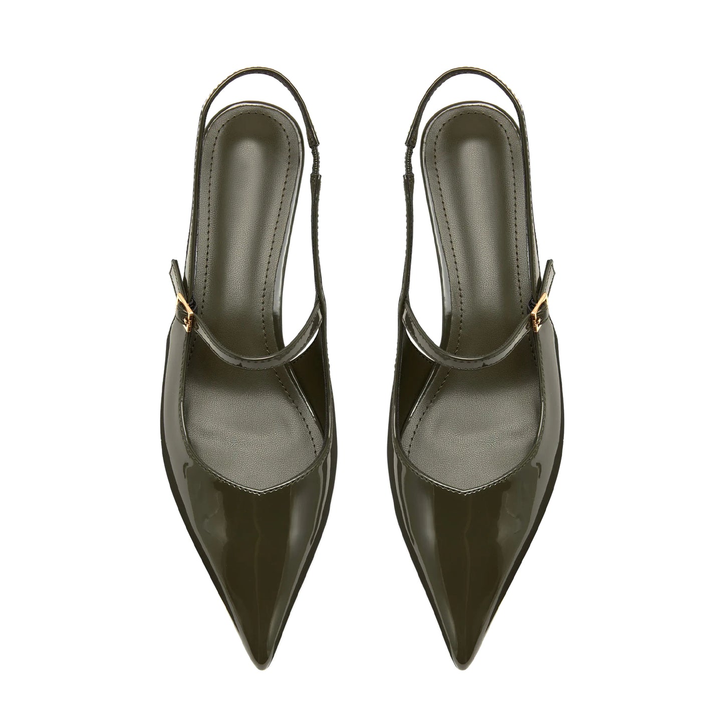 Patent Dark Green Pointed-Toe Middle And Back Strap Chic Kitten Heels
