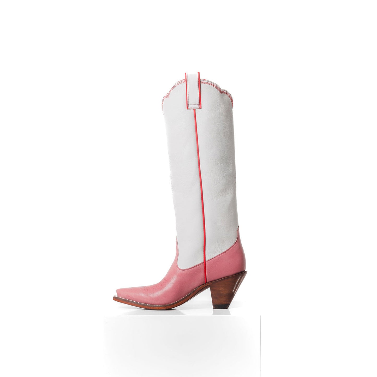 Contrast White And Pink Snip-Toe Birds Embroidery Flowers Inlay Wide Calf Knee High Cowgirl Boots