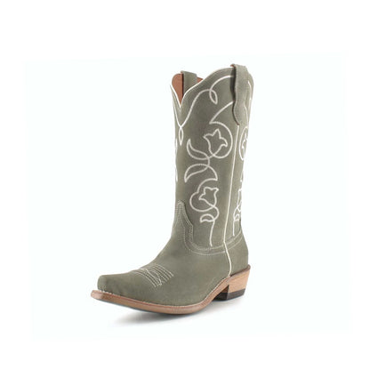 Gray Faux Suede Snip-Toe Embroidery Mid Calf Classic Cowgirl Boots