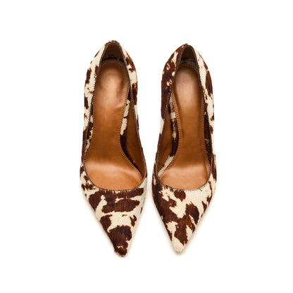 Cow Print Pony Hair Pointed-Toe Slip-On High Heels