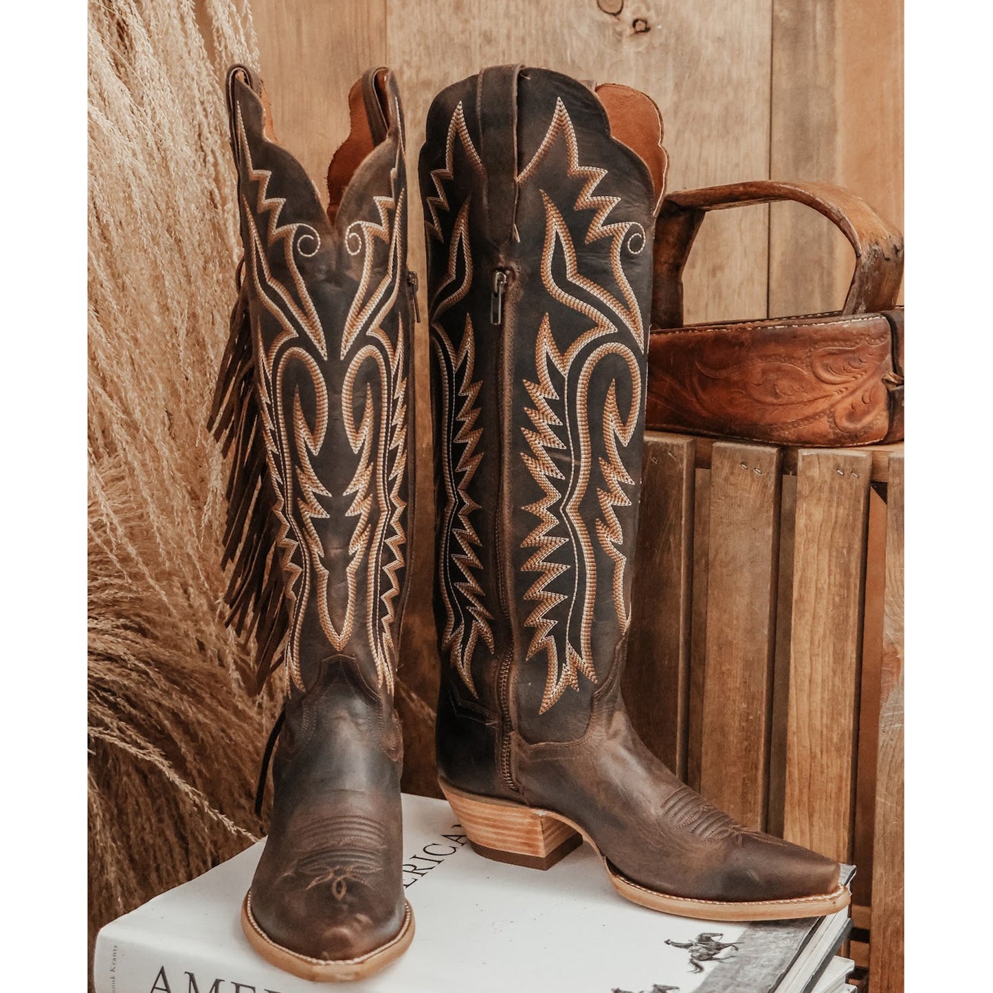 Brown Snip-Toe Side Fringe And Embroidery Full-Zip Knee High Cowgirl Boots