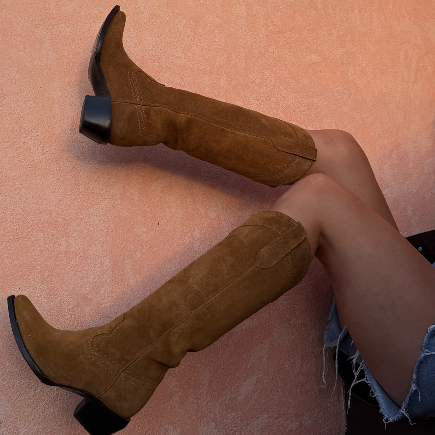 Camel Faux Suede Almond-Toe Sleek Wide Calf Knee High Simple Cowgirl Boots