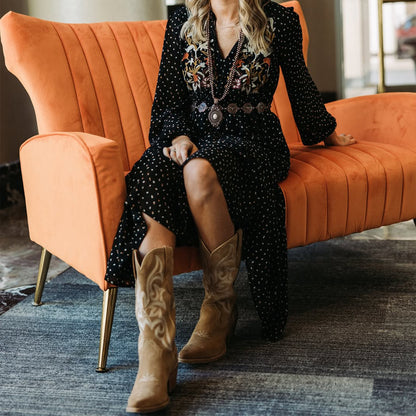 Sand Faux Suede Snip-Toe Mid Calf Embroidery Cowgirl Boots