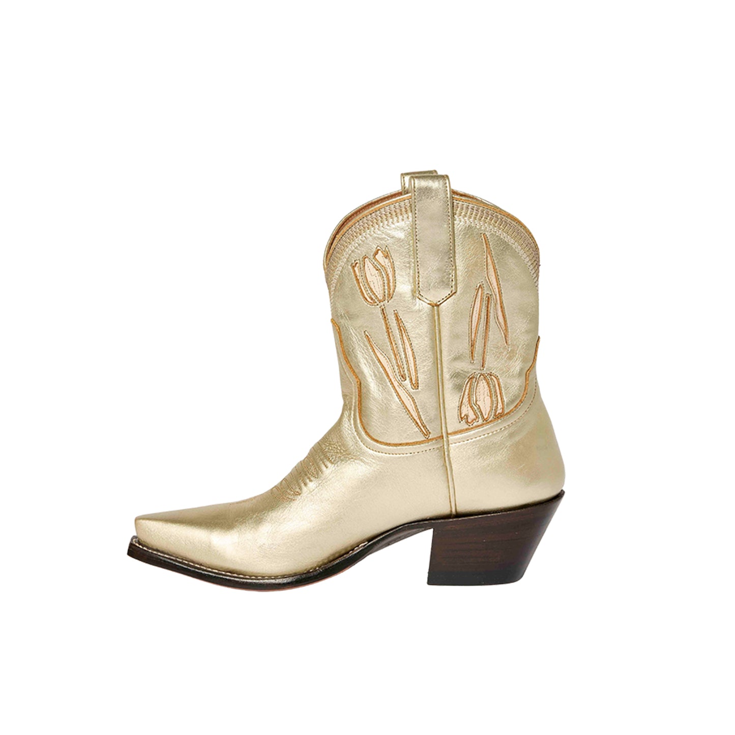 Metallic Gold Snip-Toe Tulip Inlay Ankle Cowgirl Boots