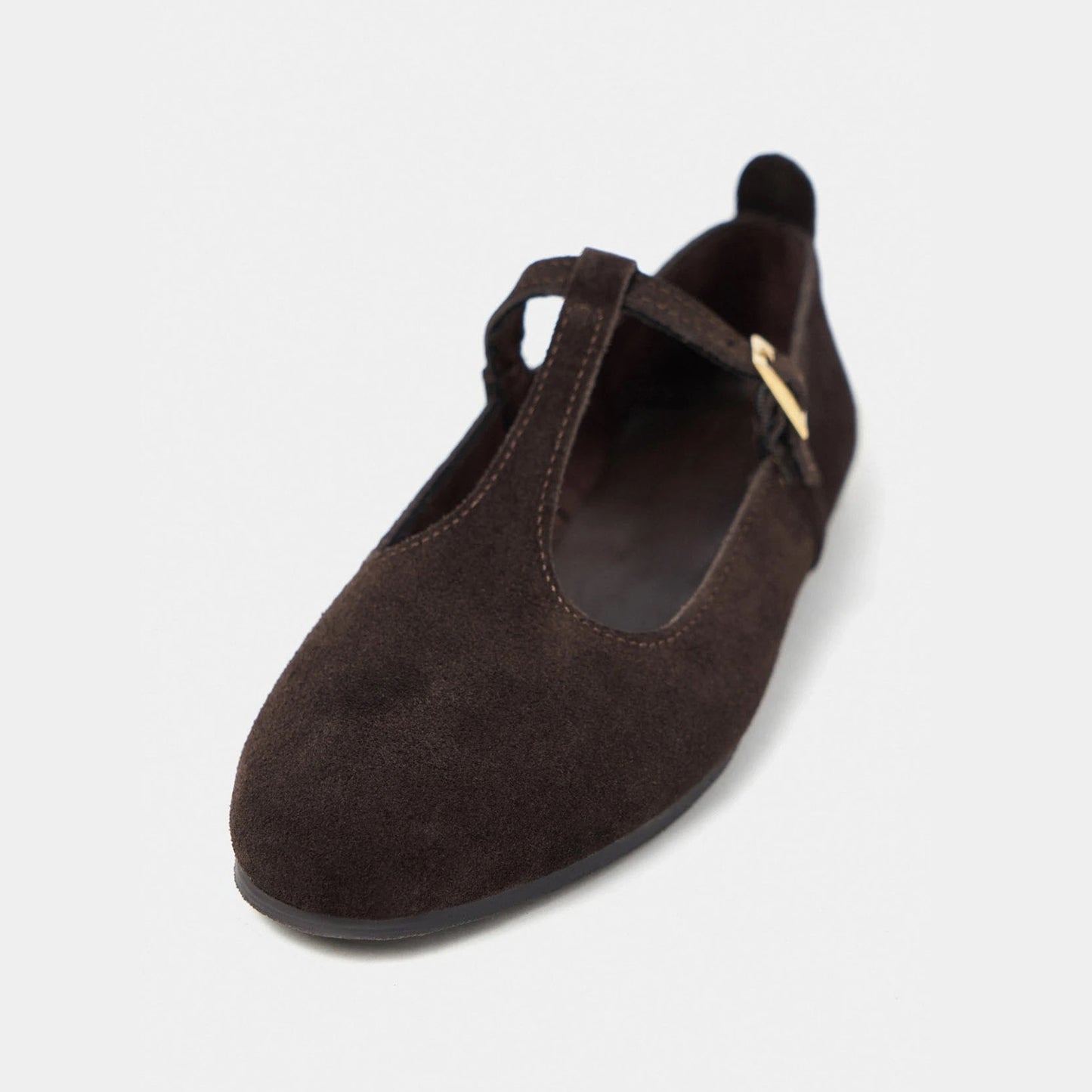 Coffee Faux Suede Round-Toe Buckle Middle Strap Simple Chic Flats
