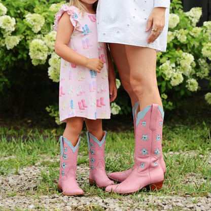 Pink Almond-Toe Powder Blue Flowers Inlay Wide Calf Knee High Cowgirl Boots