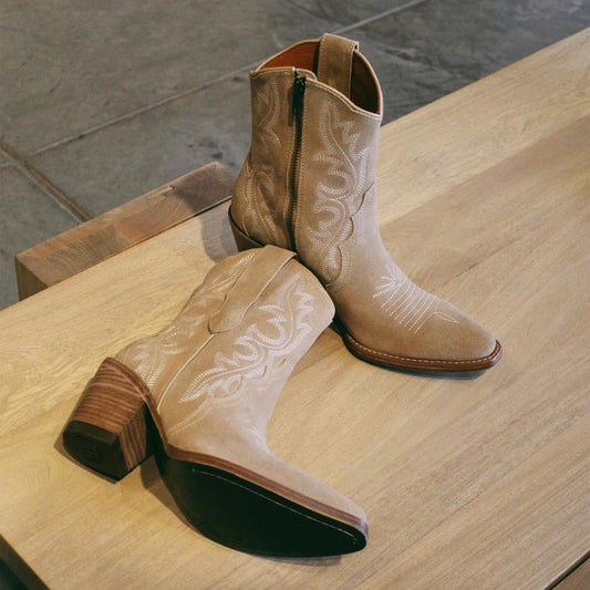Beige Faux Suede Snip-Toe Embroidery Ankle Cowgirl Boots