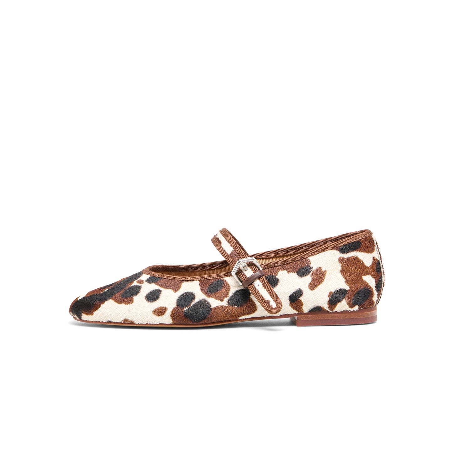Cow Print Pony Hair Vegan Leather Round-Toe Bridge Strap Ballet Flats
