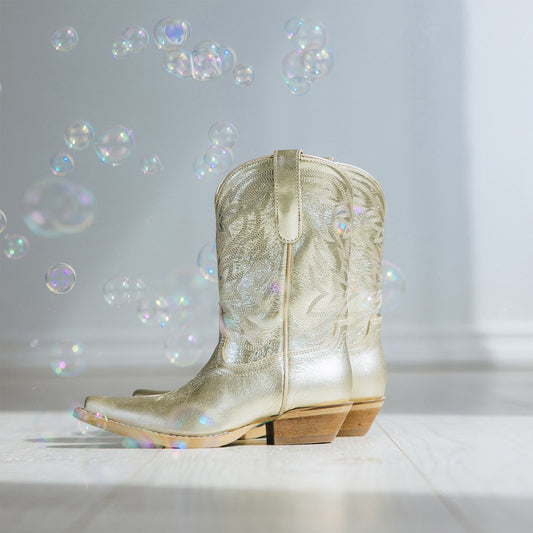 Metallic Champagne Snip-Toe Western Embroidery Ankle Classic Cowgirl Boots