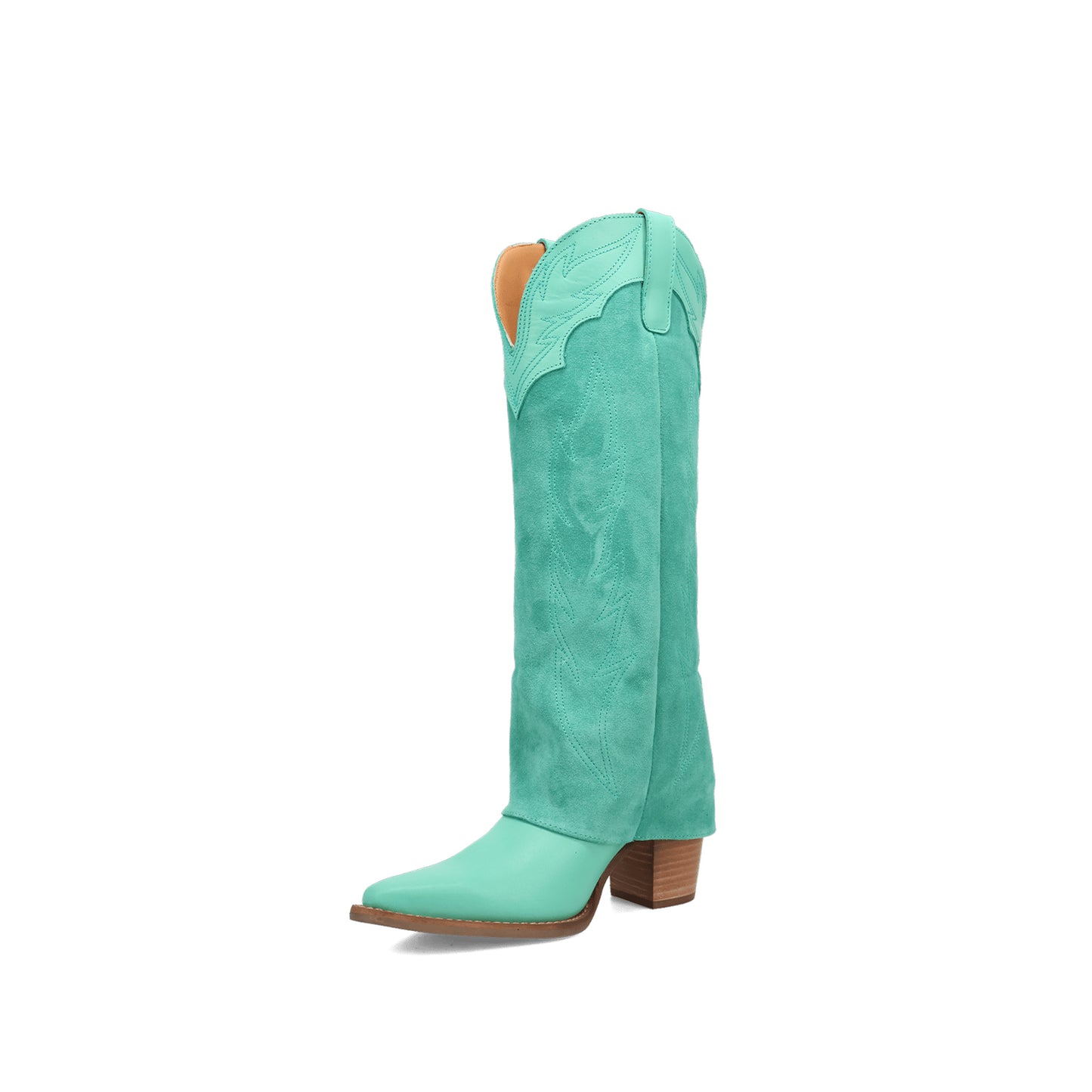 Green Snip-Toe Faux Suede Fold-Over Embroidery Wide Calf Knee High Cowgirl Boots