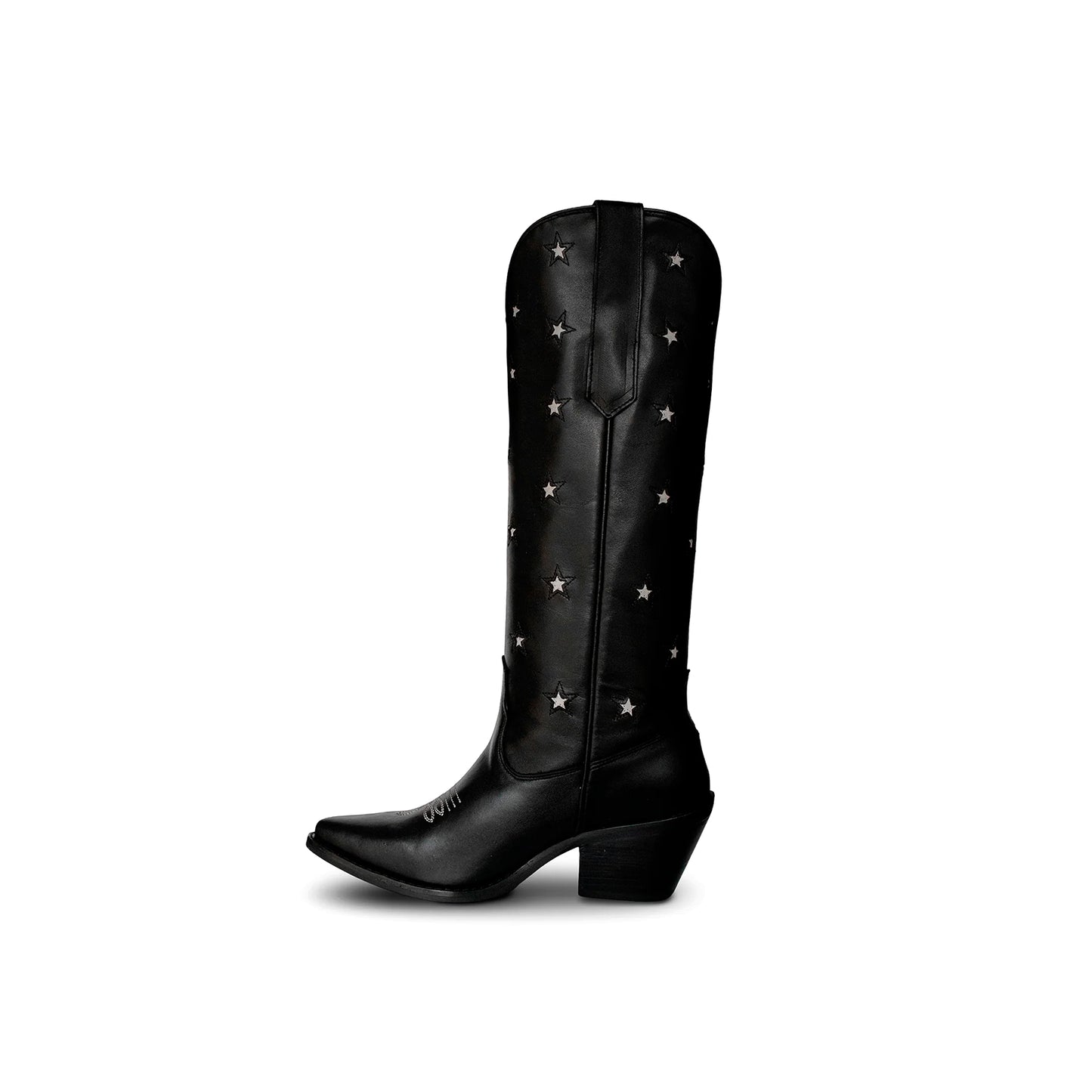 Black Snip-Toe Stars Inlay Wide Calf Knee High Cowgirl Boots