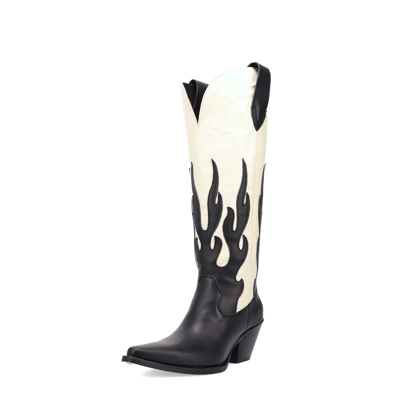 Contrast Black And Ivory Pointed-Toe Flame Appliques Wide Calf Knee High Cowgirl Boots