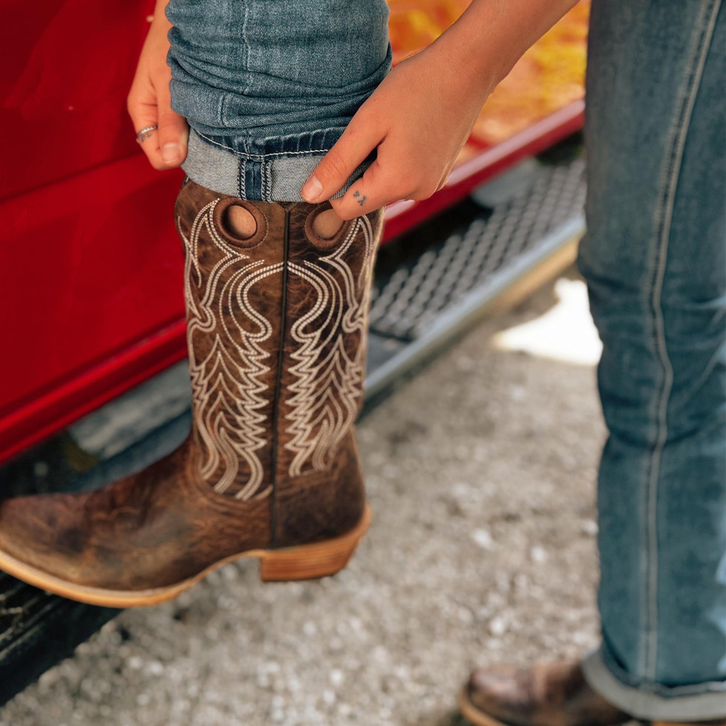 Camel Square-Toe Embroidery Cutout Mid Calf Cowgirl Boots