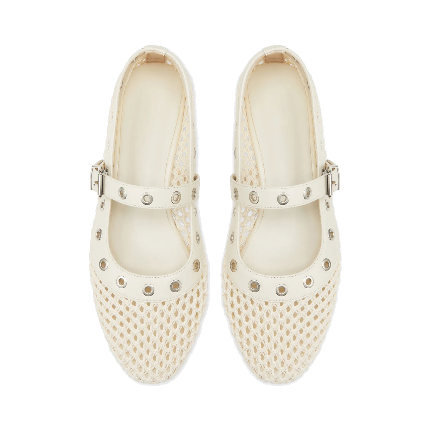 Cream Woven Mesh And Vegan Leather Round-Toe Eyelets Mary Jane Flats