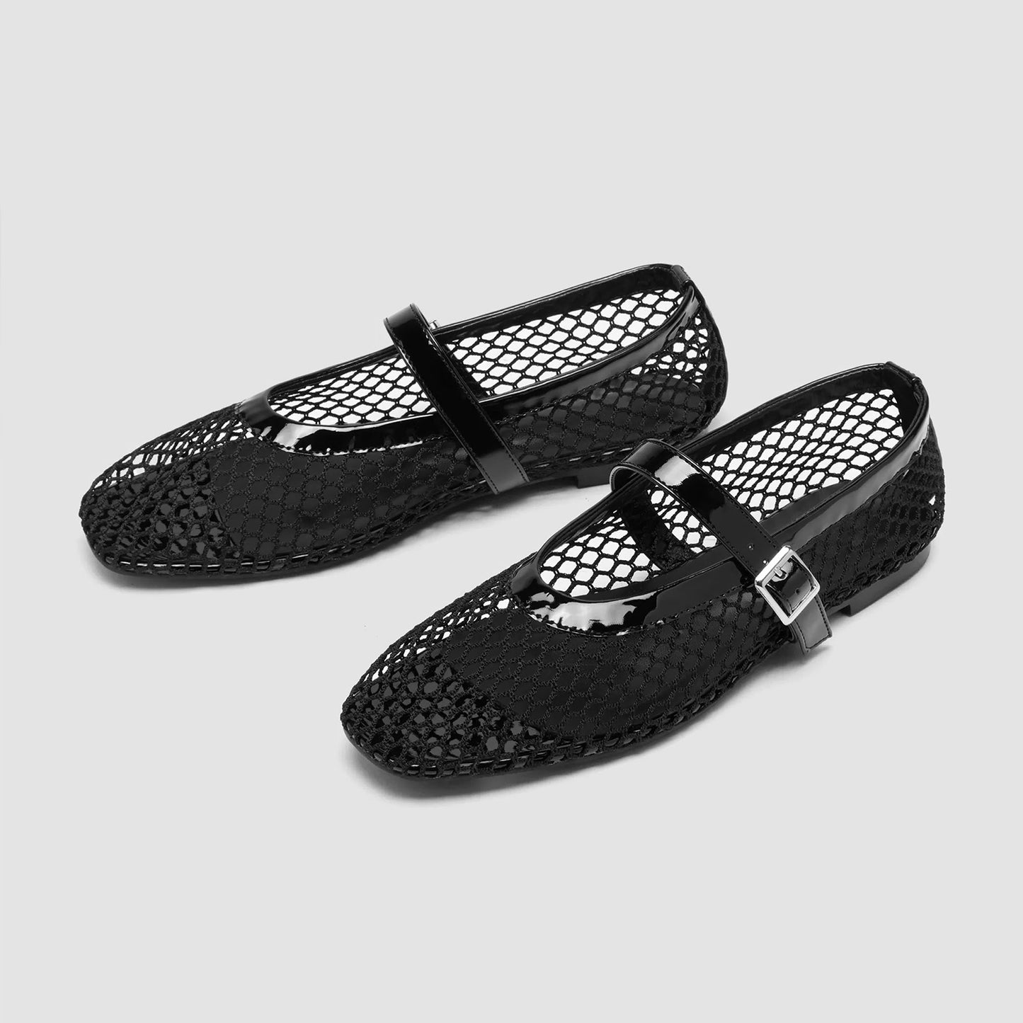 Black Mesh And Patent Leather Square-Toe Mary Jane Ballet Flats