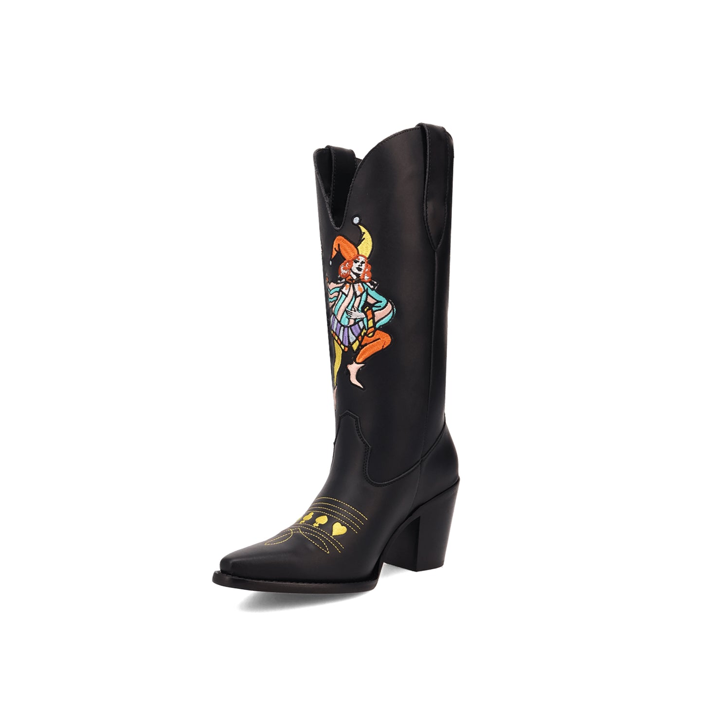 Black Snip-Toe Joker Embroidery Mid Calf Cowgirl Boots