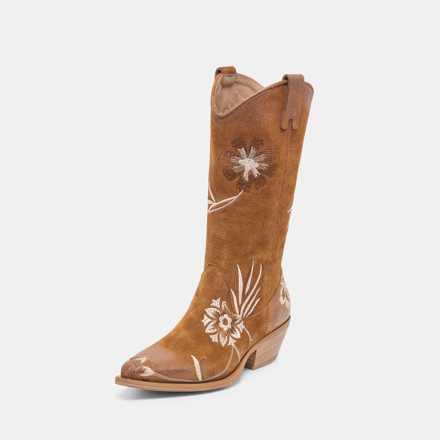 Tan Faux Suede Almond-Toe Stylish Floral Embroidery Half-Zip Mid Calf Cowgirl Boots
