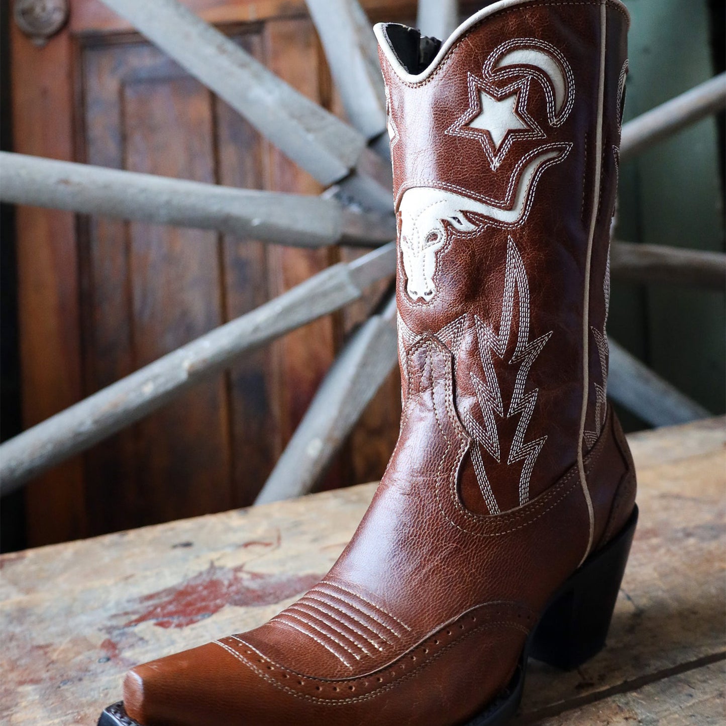 Mahogany Snip-Toe Tauren Moon Stars Inlay And Embroidery Full-Zip Mid Calf Cowgirl Boots