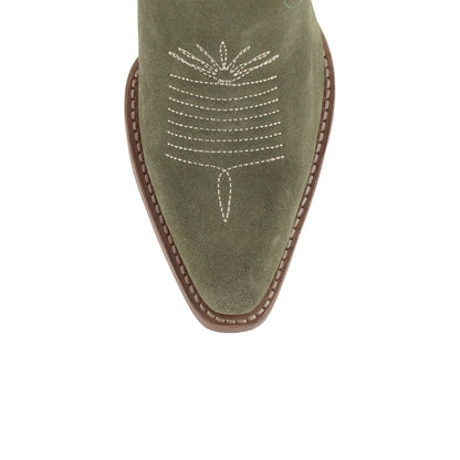 Olive Green Faux Suede Snip-Toe Embroidery Ankle Cowgirl Boots