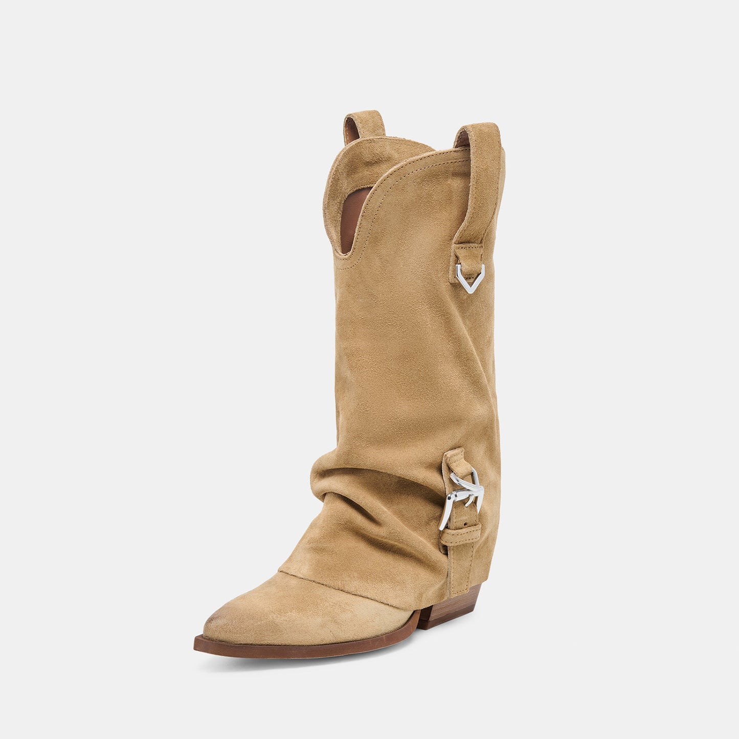 Camel Faux Suede Almond-Toe Buckle Strap Chic Mid Calf Cowgirl Boots