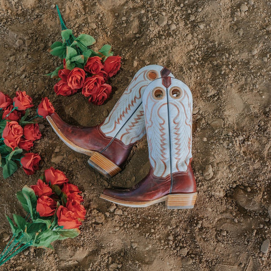 Contrast Ivory And Red Square-Toe Embroidery Cutout Mid Calf Cowgirl Boots