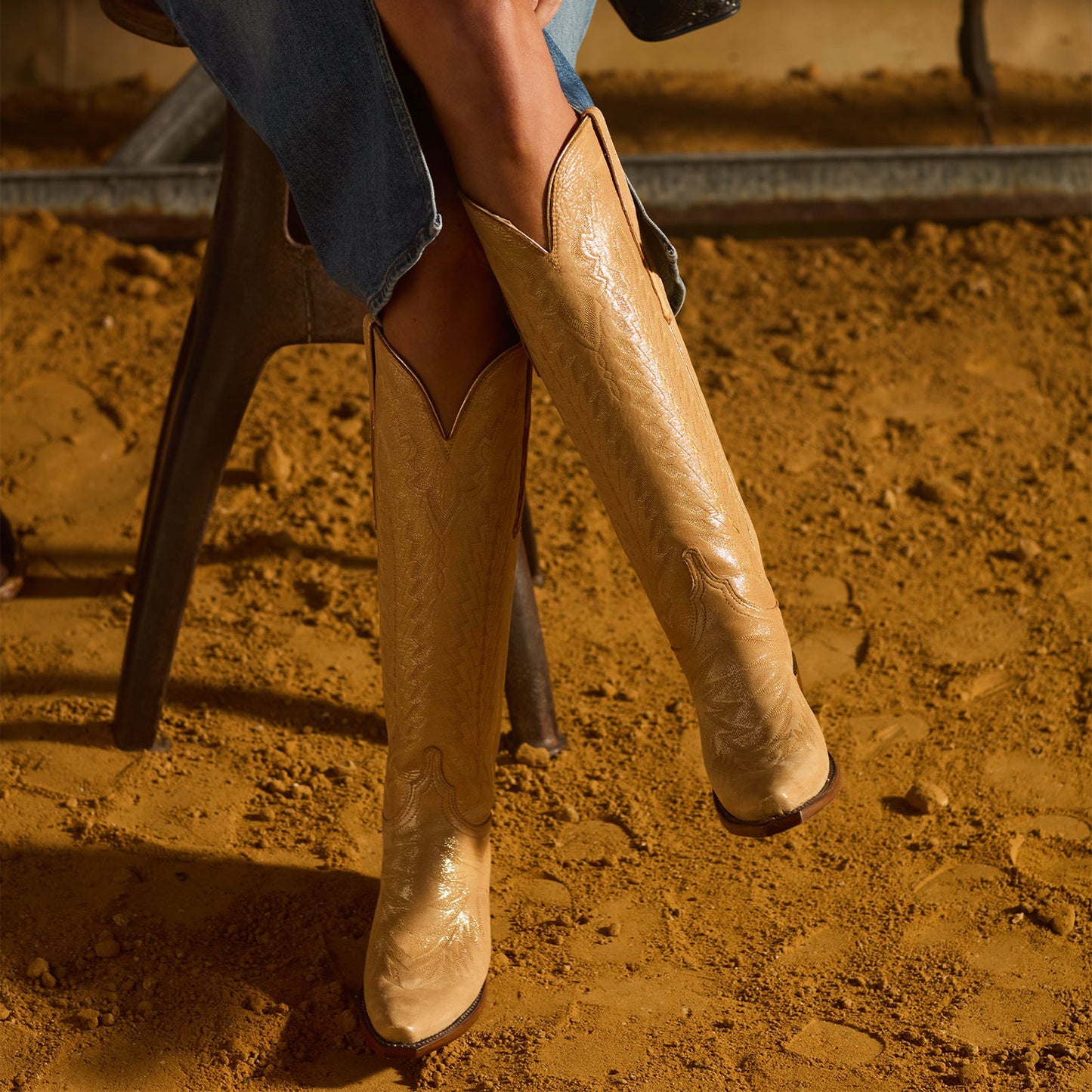 Metallic Champagne Snip-Toe Western Embroidery Wide Calf Chic Knee High Cowgirl Boots