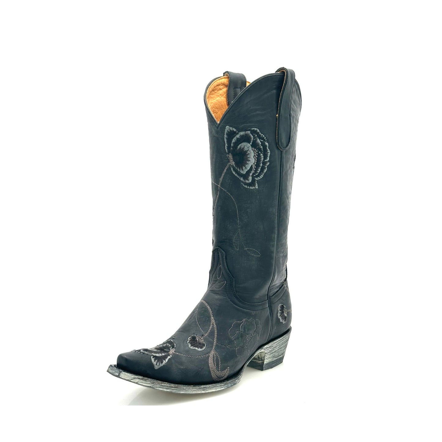 Black Snip-Toe Chic Florals Embroidery Mid Calf Classic Cowgirl Boots