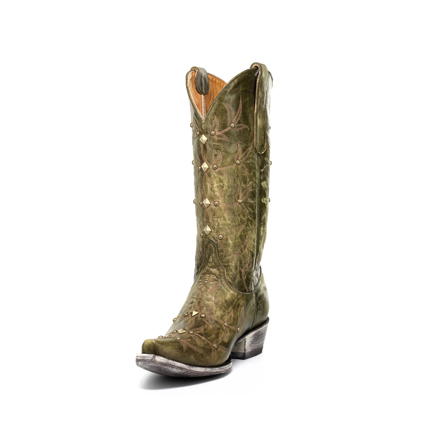 Green Snip-Toe Studs And Embroidery Mid Calf Chic Cowgirl Boots