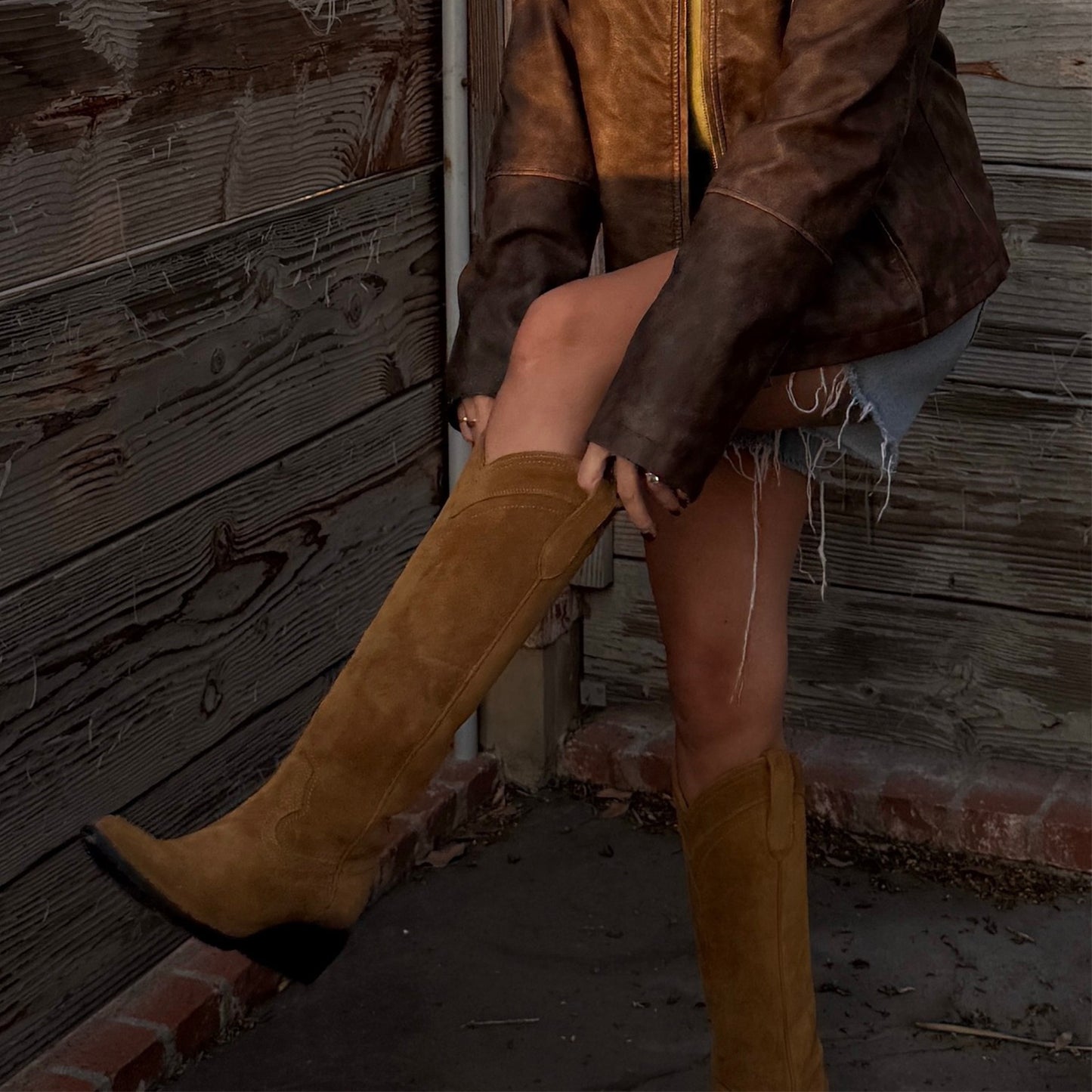 Camel Faux Suede Almond-Toe Sleek Wide Calf Knee High Simple Cowgirl Boots
