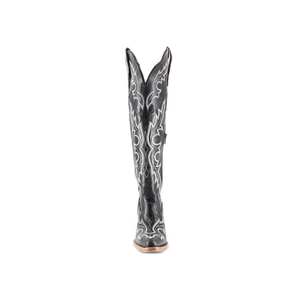 Black Snip-Toe Chic Embroidery Wide Calf Knee High Cowgirl Boots