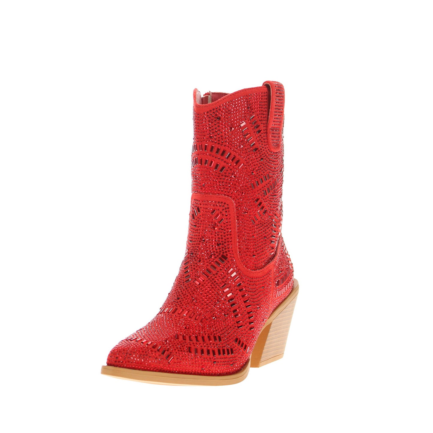 Red Faux Suede Pointed-Toe Full Crystals Full-Zip Ankle Cowgirl Boots