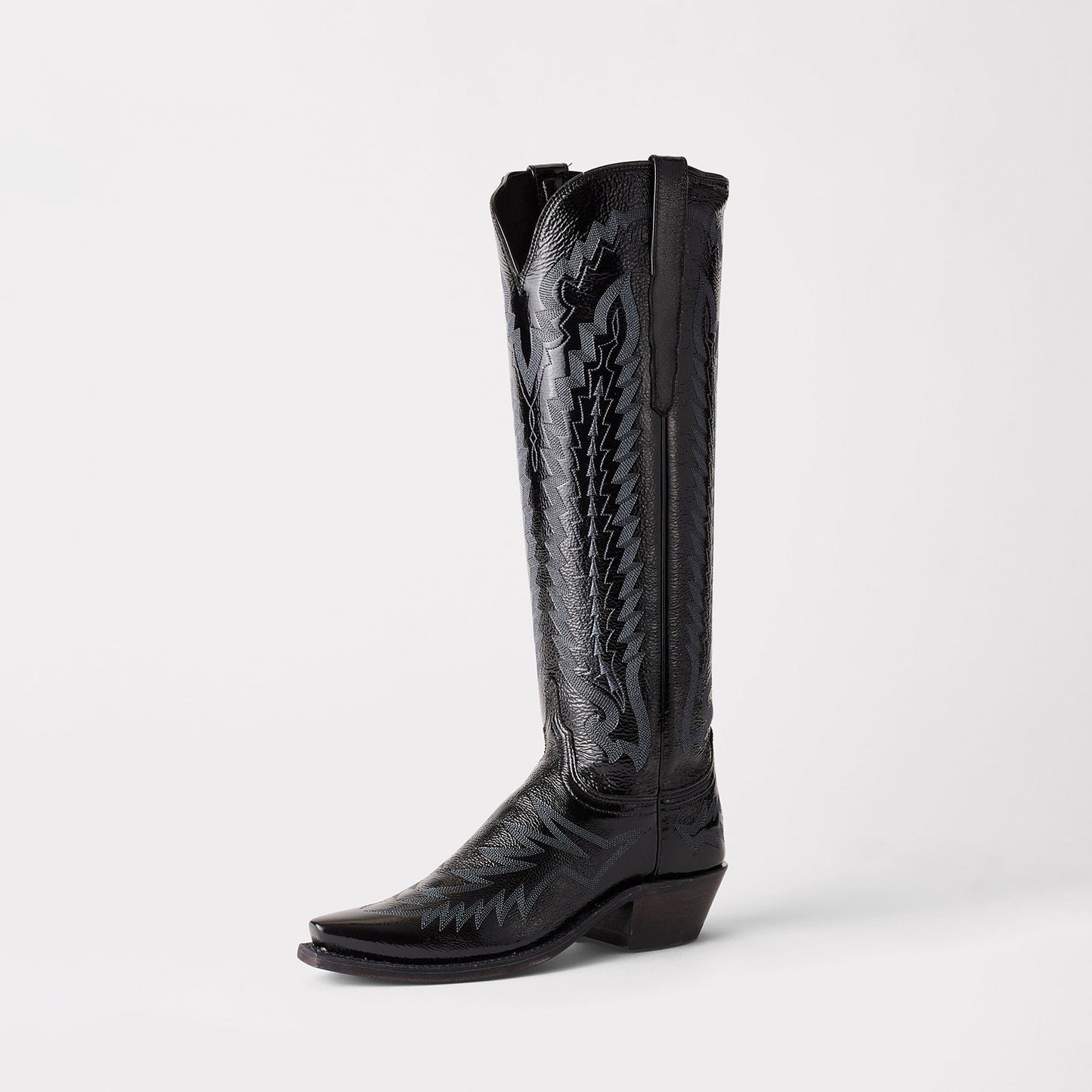 Patent Black Snip-Toe Western Embroidery Wide Calf Knee High Chic Cowgirl Boots