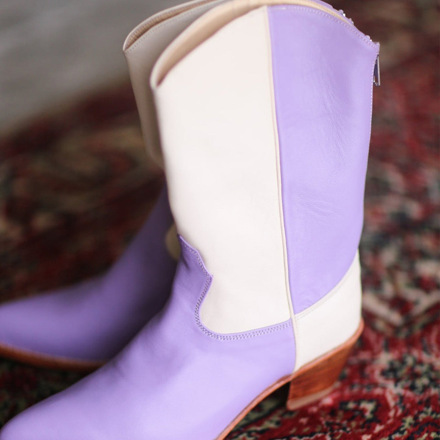 Cream And Lavender Almond-Toe Simple Back Full-Zip Mid Calf Cowgirl Boots