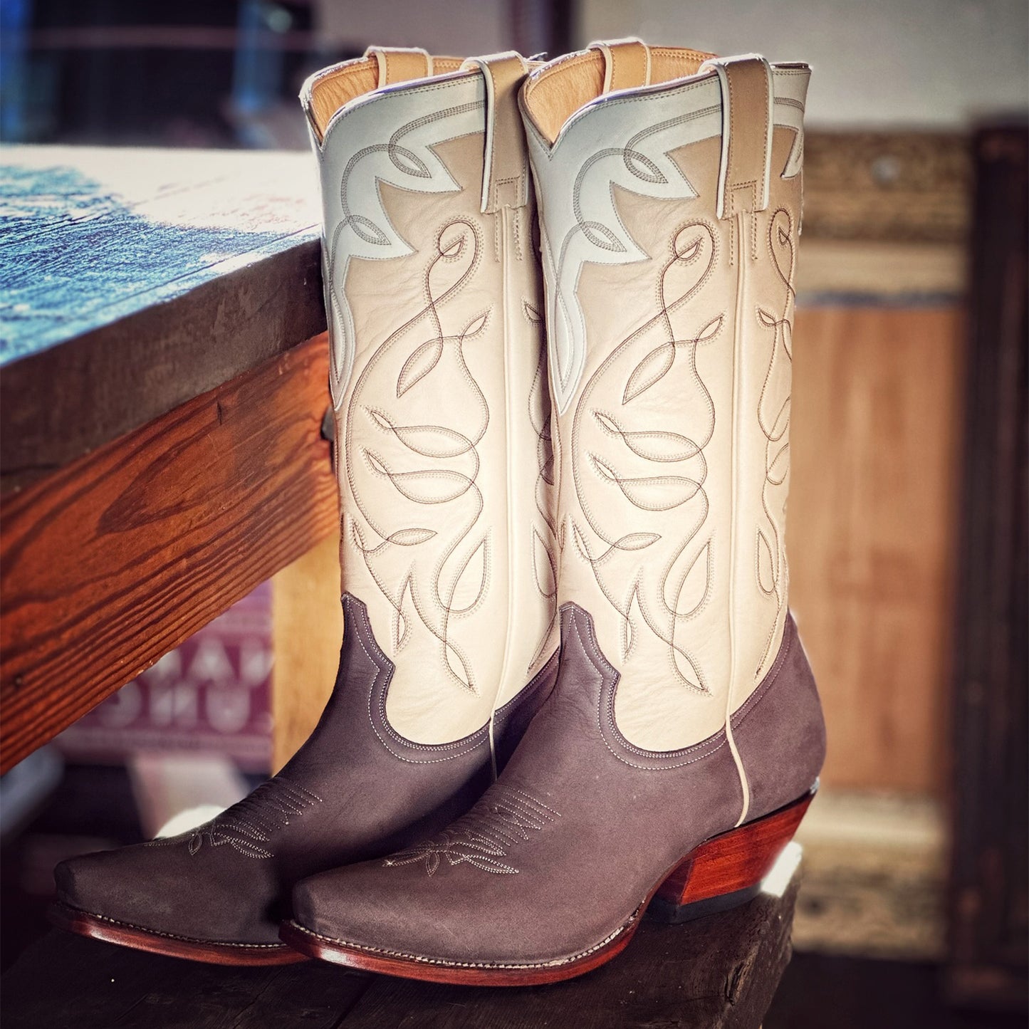 Contrast Beige And Chocolate Snip-Toe Embroidery Mid Calf Cowgirl Boots