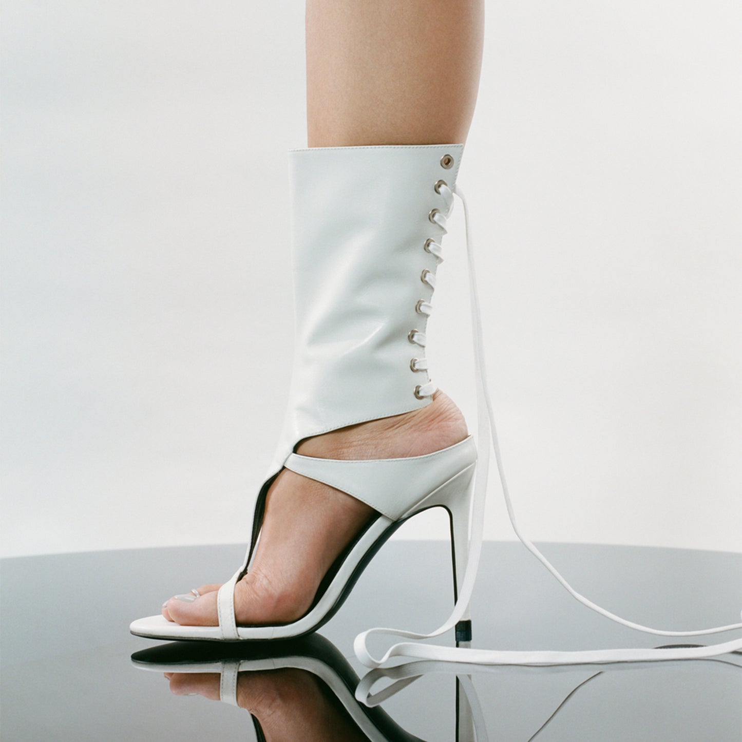 White Open Round-Toe Back Lace-Up Shaft Stiletto High Heels