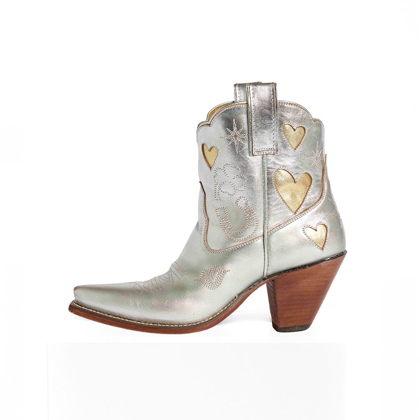 Metallic Silver Snip-Toe Embroidery Metallic Gold Heart Inlay Ankle Cowgirl Boots