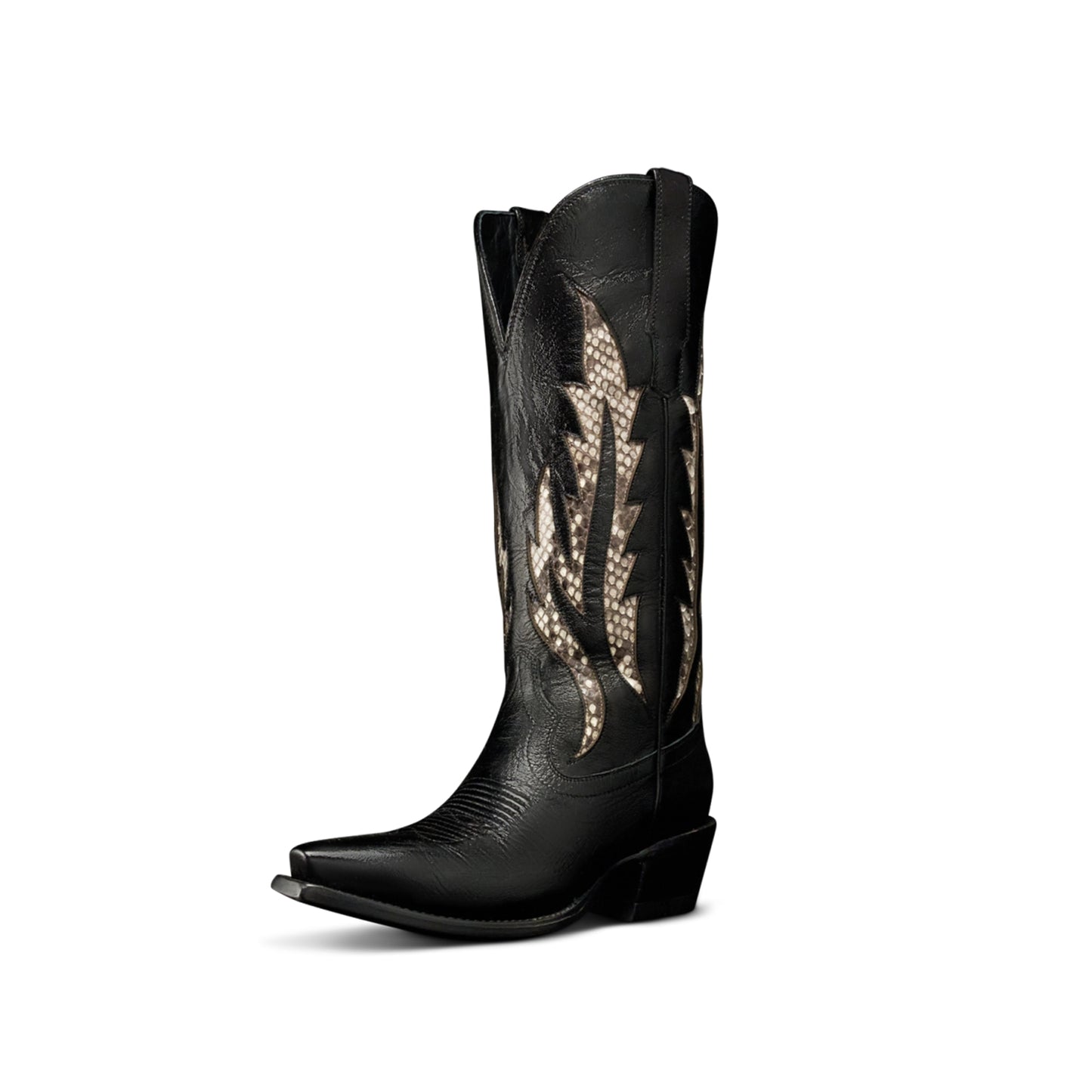 Black Snip-Toe Bone Snakeskin Print Inlay Mid Calf Cowgirl Boots