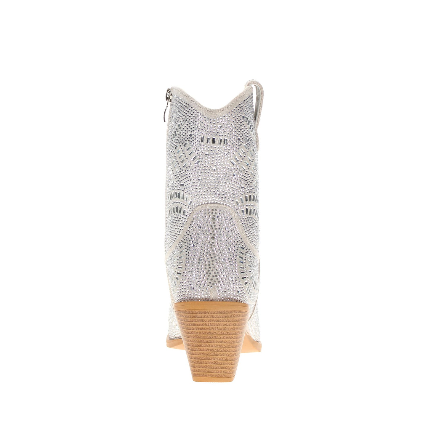 Beige Faux Suede Pointed-Toe Full Crystals Full-Zip Ankle Cowgirl Boots