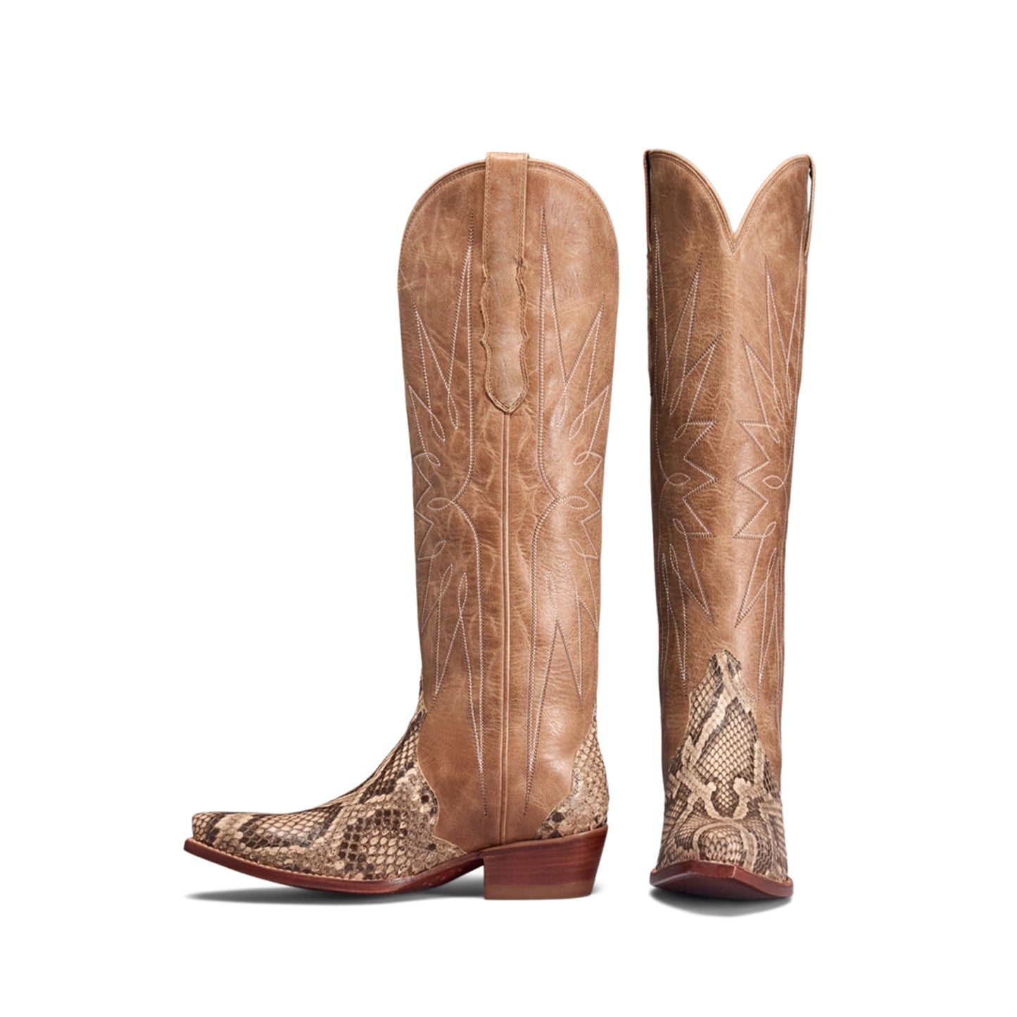Tan And Snakeskin Pattern Snip-Toe Embroidery Wide Calf Knee High Cowgirl Boots