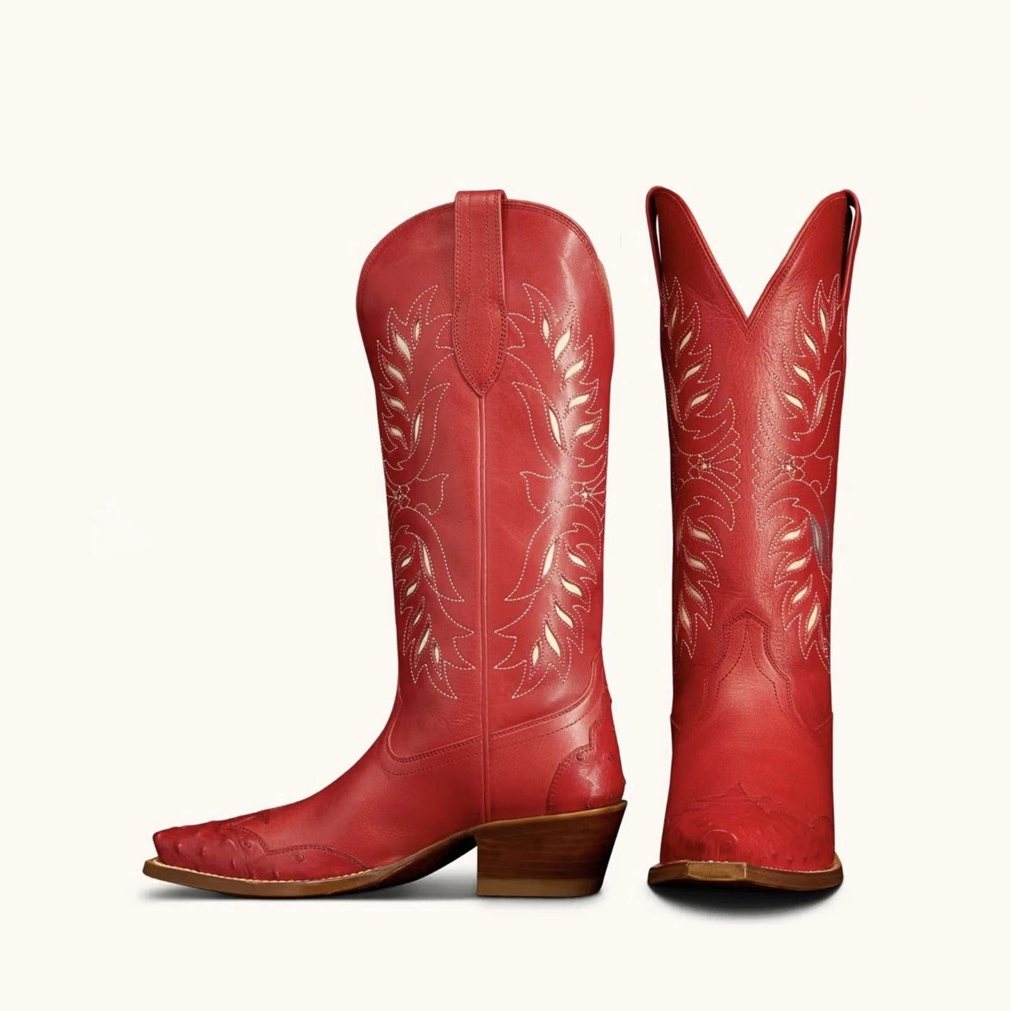 Red Vegan Leather And Ostrich Pattern Snip-Toe Embroidery And Inlay Mid Calf Cowgirl Boots