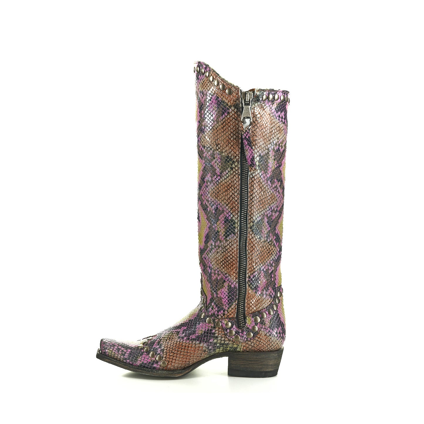 Snakeskin Print Snip-Toe Studs Detail Full-Zip Mid Calf Cowgirl Boots