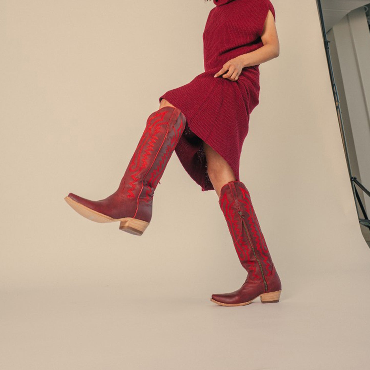 Red Snip-Toe Grace Embroidery Half-Zip Knee High Cowgirl Boots