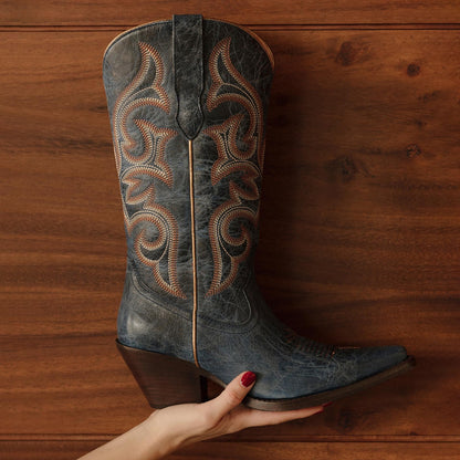 Distressed Dark Blue Snip-Toe Mid Calf Embroidery Cowgirl Boots