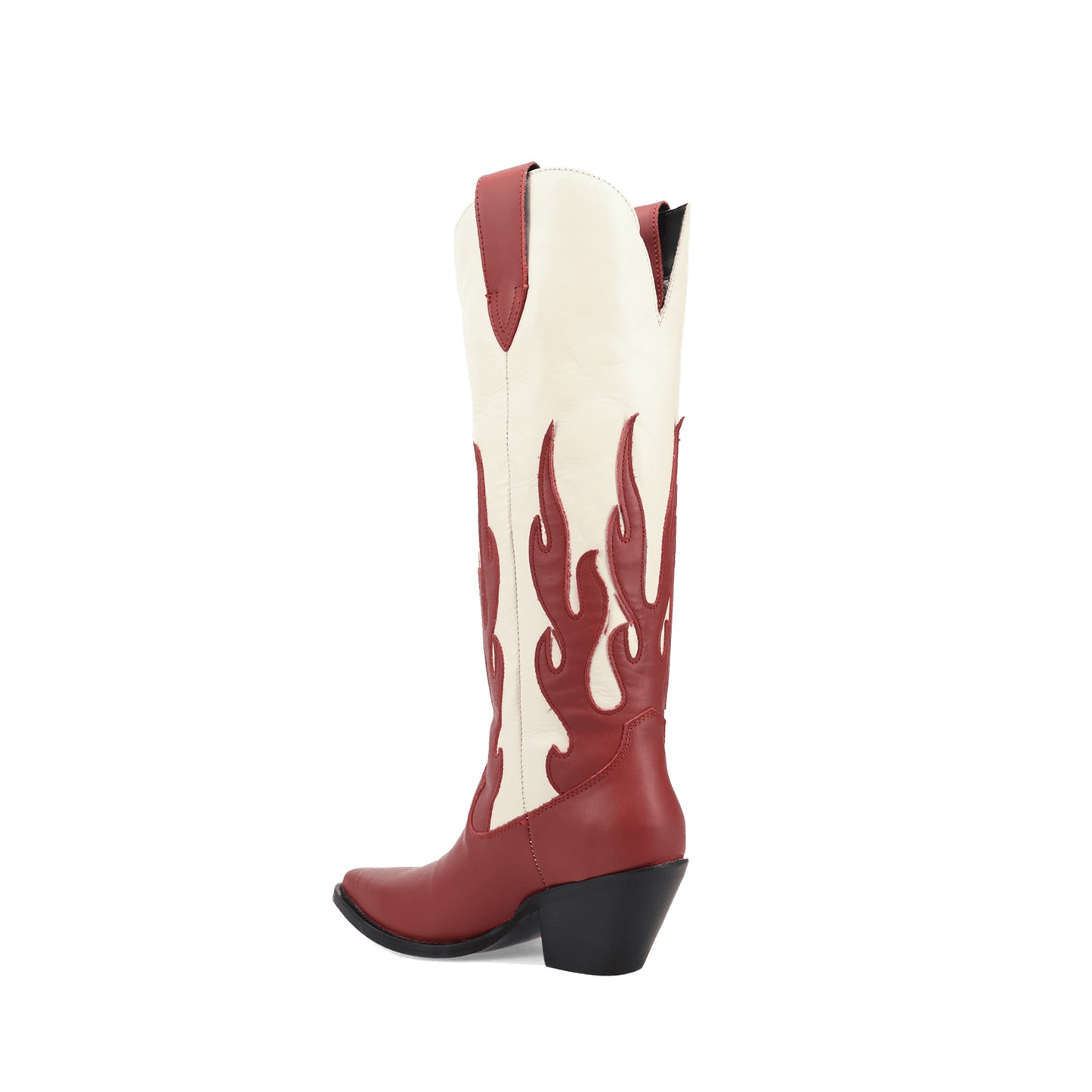 Contrast Red And Ivory Pointed-Toe Flame Appliques Wide Calf Knee High Cowgirl Boots