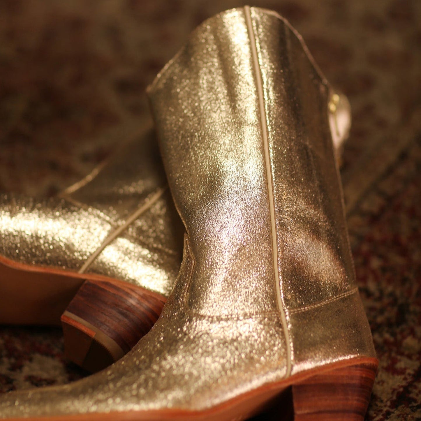Metallic Gold Almond-Toe Simple Back Full-Zip Mid Calf Cowgirl Boots
