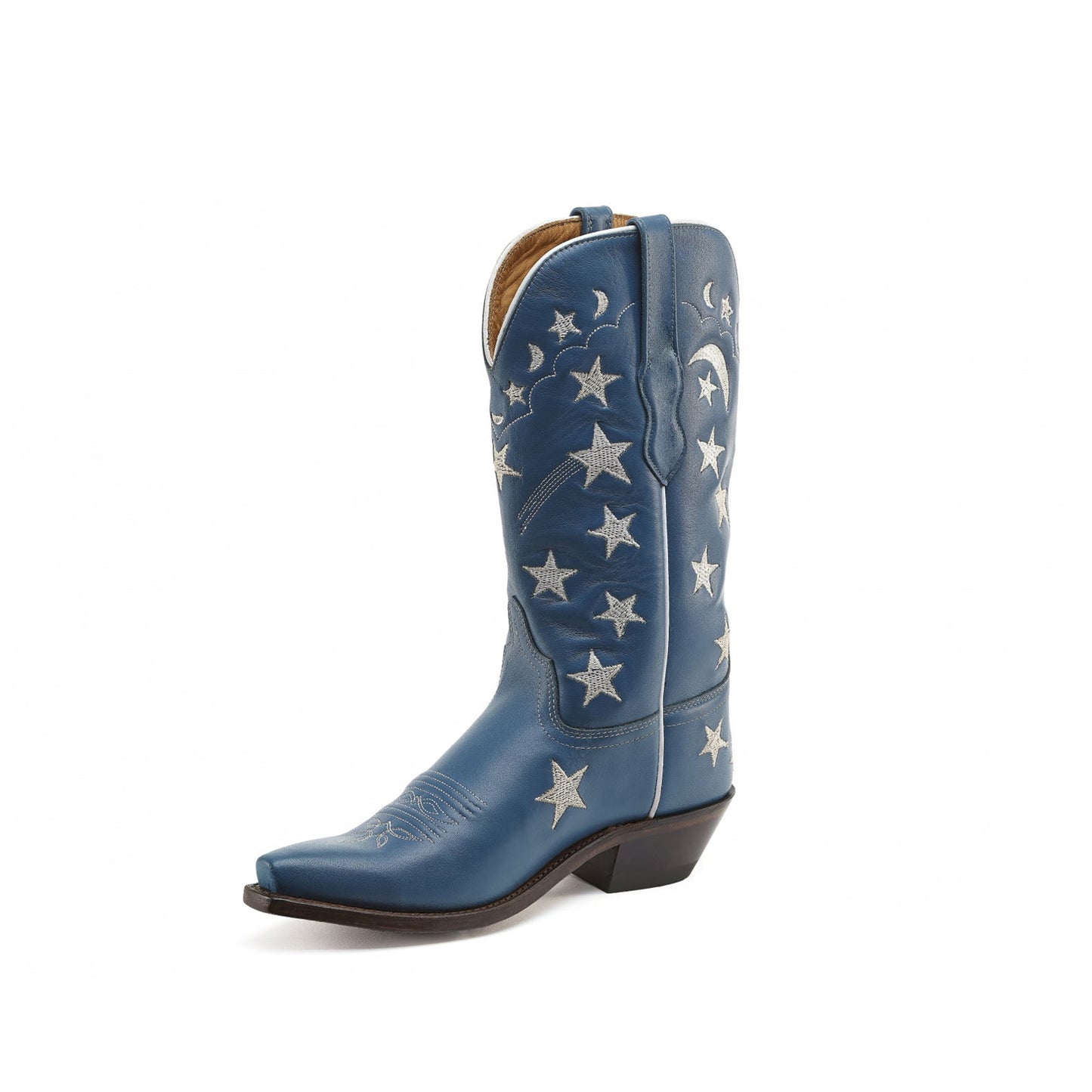 Blue Snip-Toe Stars And Moons Embroidery Mid Calf Cowgirl Boots