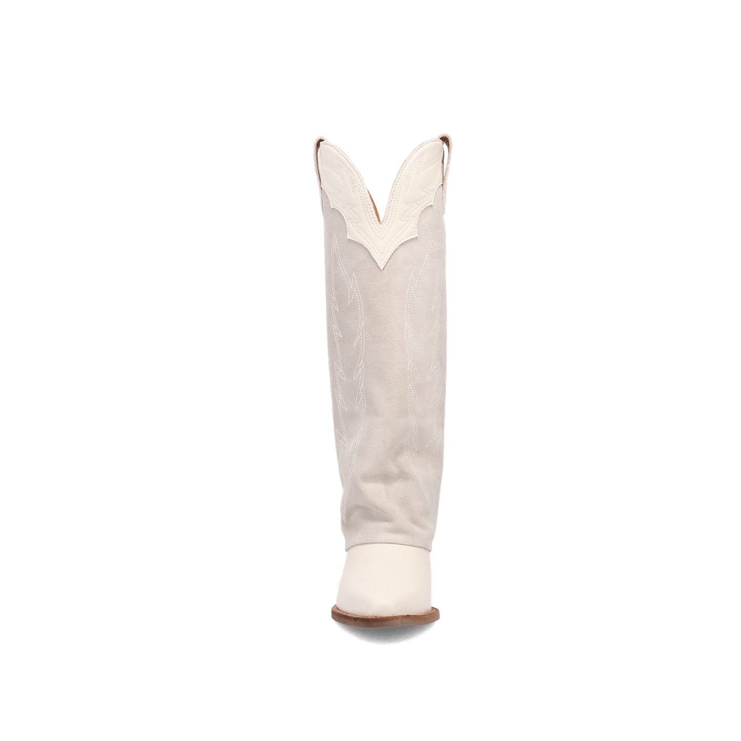 White Snip-Toe Faux Suede Fold-Over Embroidery Wide Calf Knee High Cowgirl Boots