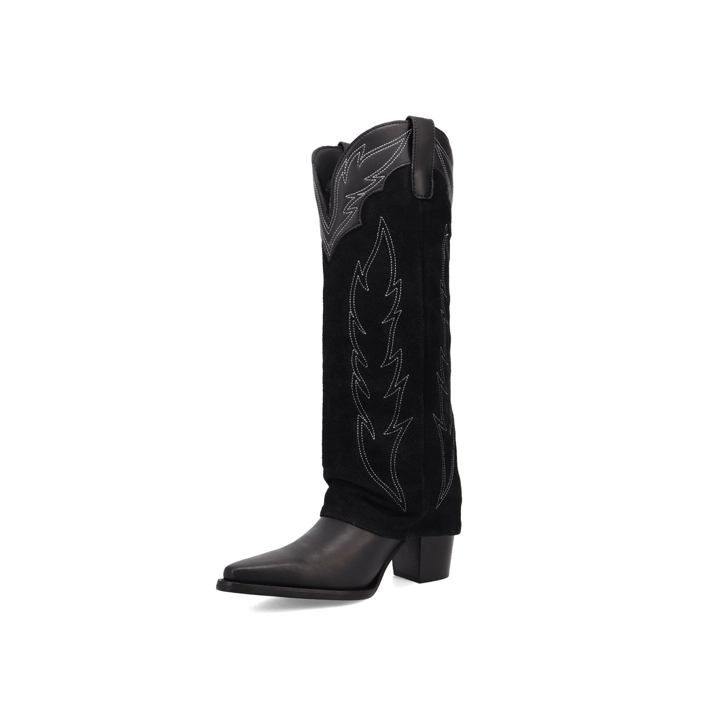 Black Snip-Toe Faux Suede Fold-Over Embroidery Wide Calf Knee High Cowgirl Boots