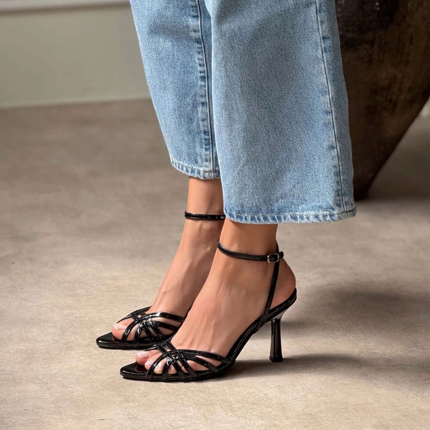 Patent Black Pointed-Toe Strappy Back And Ankle Strap High Heels